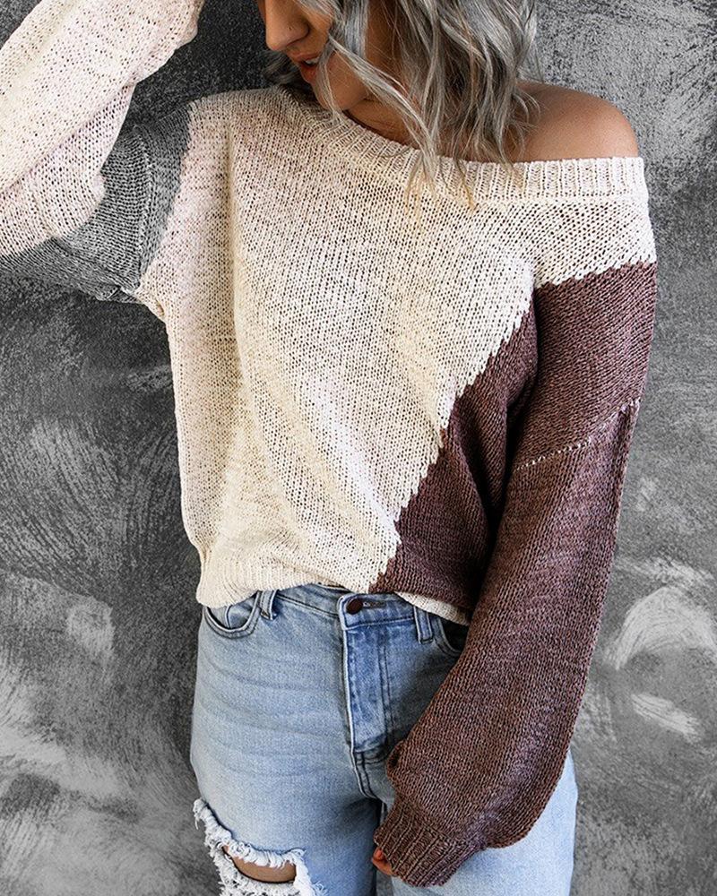 Colorblock Boat Neck Drop Bishop Sleeve Sweater-Pinkami