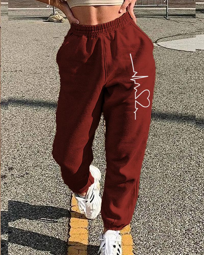 Heart Print Slant Pocket High Waist Sweatpants For Women-Pinkami