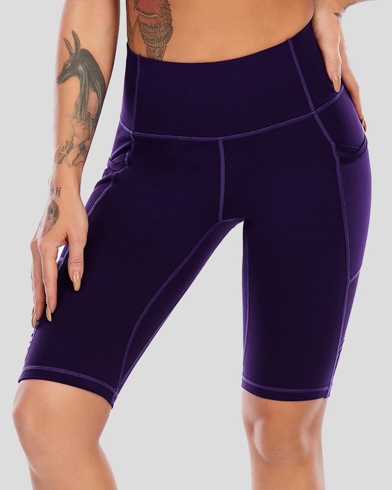 Contrast Stitch Pocket Decor Wide Waistband Sports Shorts-Pinkami