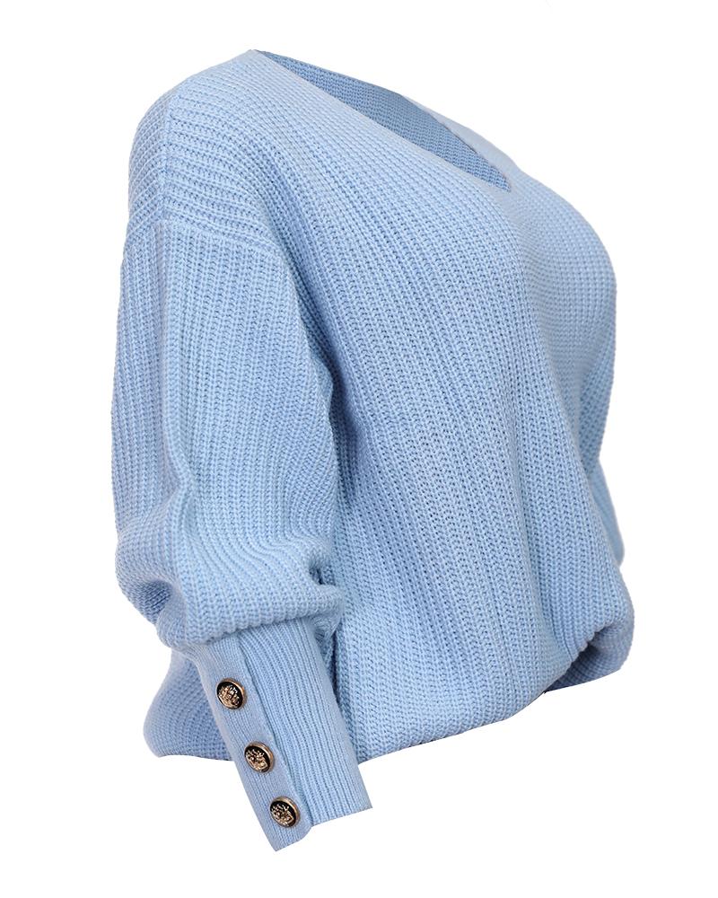 Solid Rib-Knit Button Detail V Neck Top-Pinkami