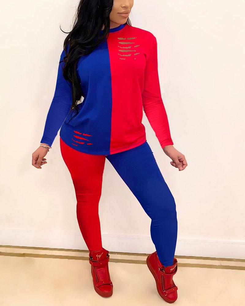 Two Tone Ripped Top & Pants Set-Pinkami