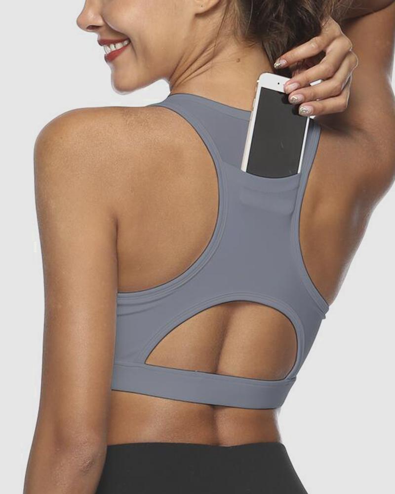 Pocket Decor Cutout Racerback Sports Bra-Pinkami