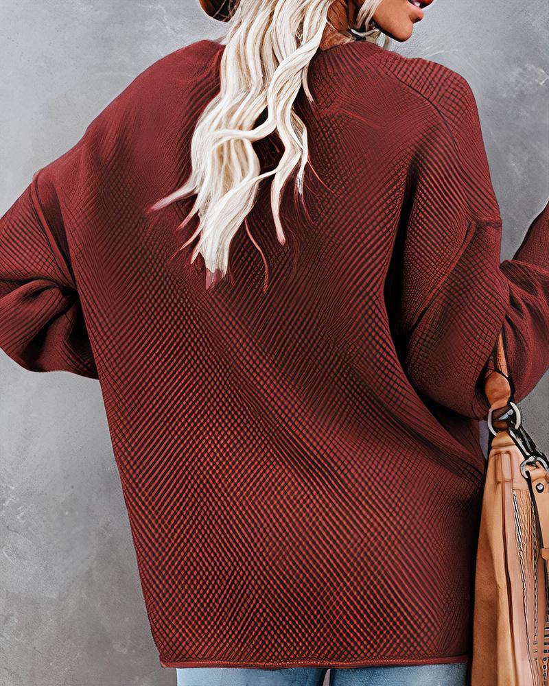 Solid Waffle Knit Topstitching Split Hem Button Detail Sweater-Pinkami