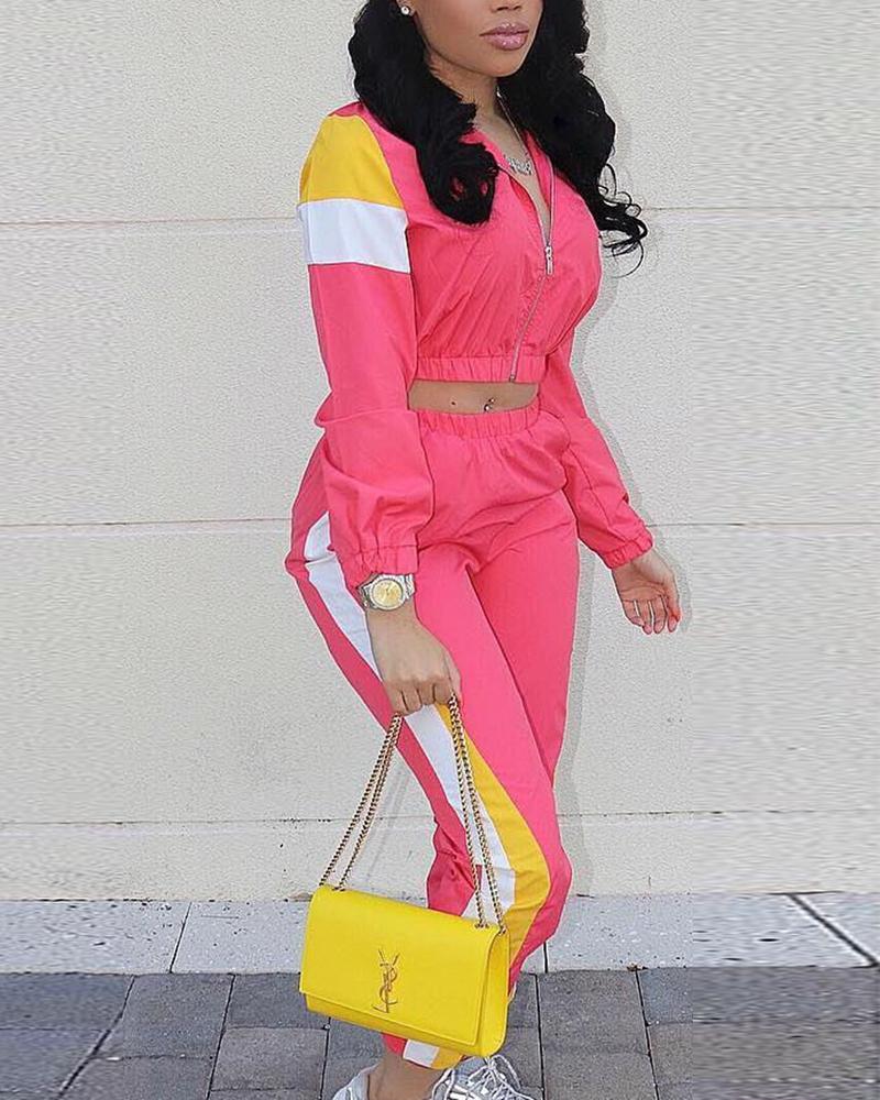 Colorblock Pocket Detail Zip Front Top & Pants Set-Pinkami