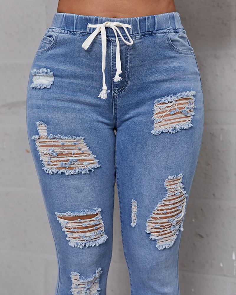 Women Plus Extreme Distressed Drawstring Waist Jeans-Pinkami