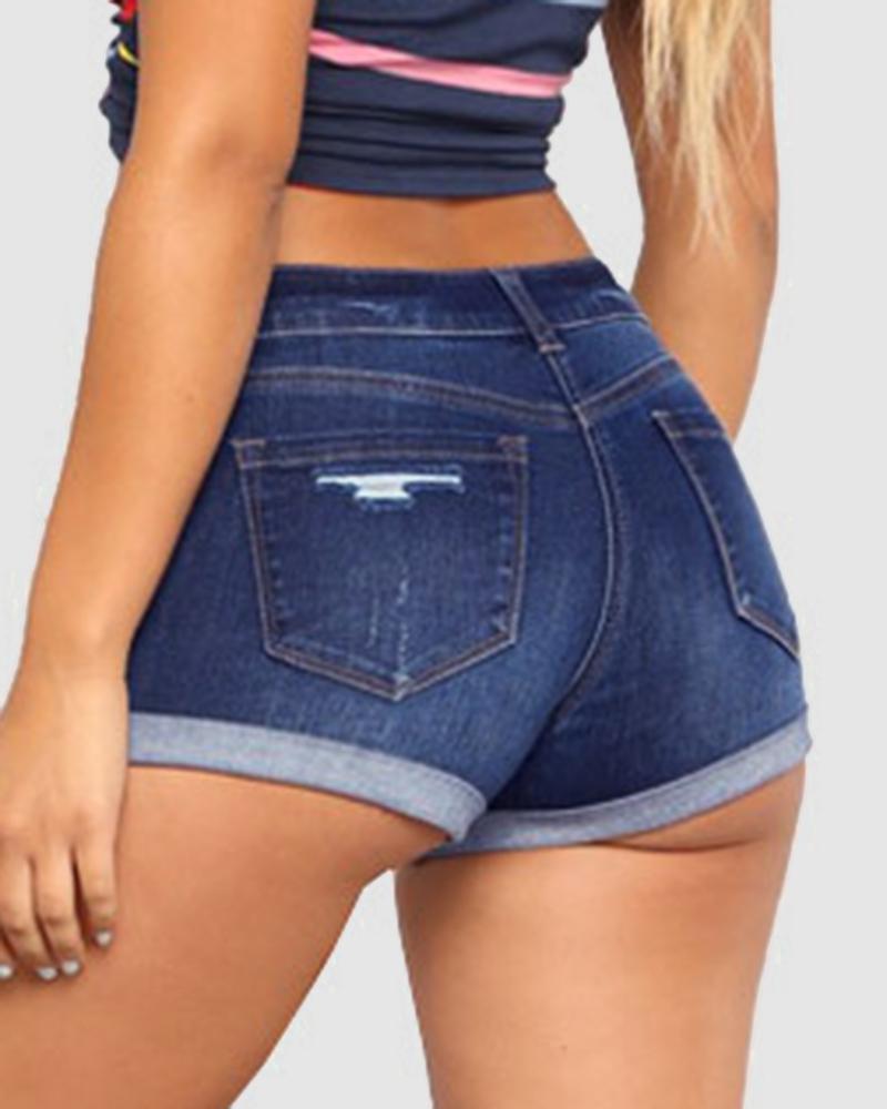 Women Ripped Roll Up Hem Mid Waist Denim Shorts-Pinkami