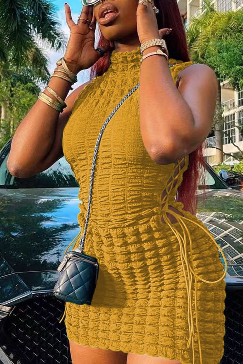 Smocked Lace Up Side Bodycon Dress