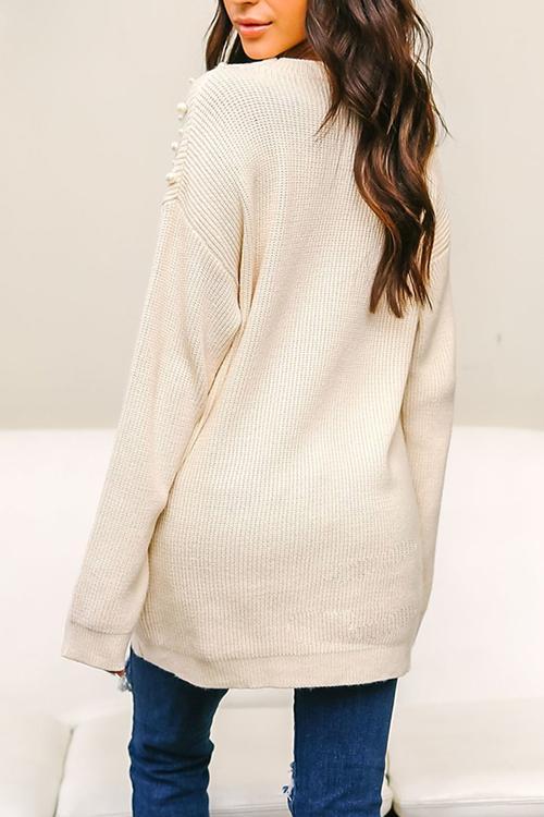 Solid Color V-neck Pearl Sweater-Pinkami