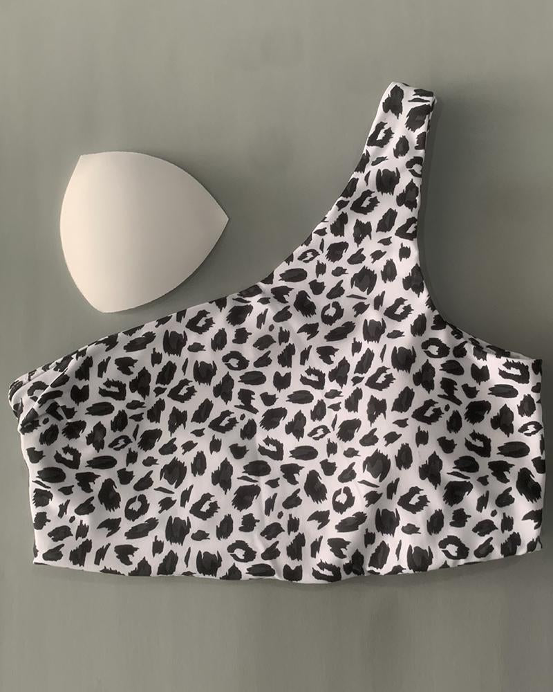 Leopard Print One Shoulder Sports Bra-Pinkami