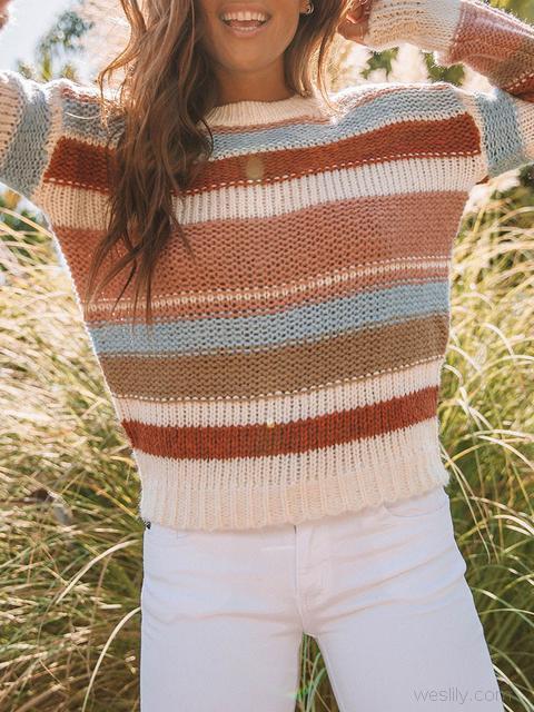 Color Block Cable-knit Round Neck Sweater-Pinkami