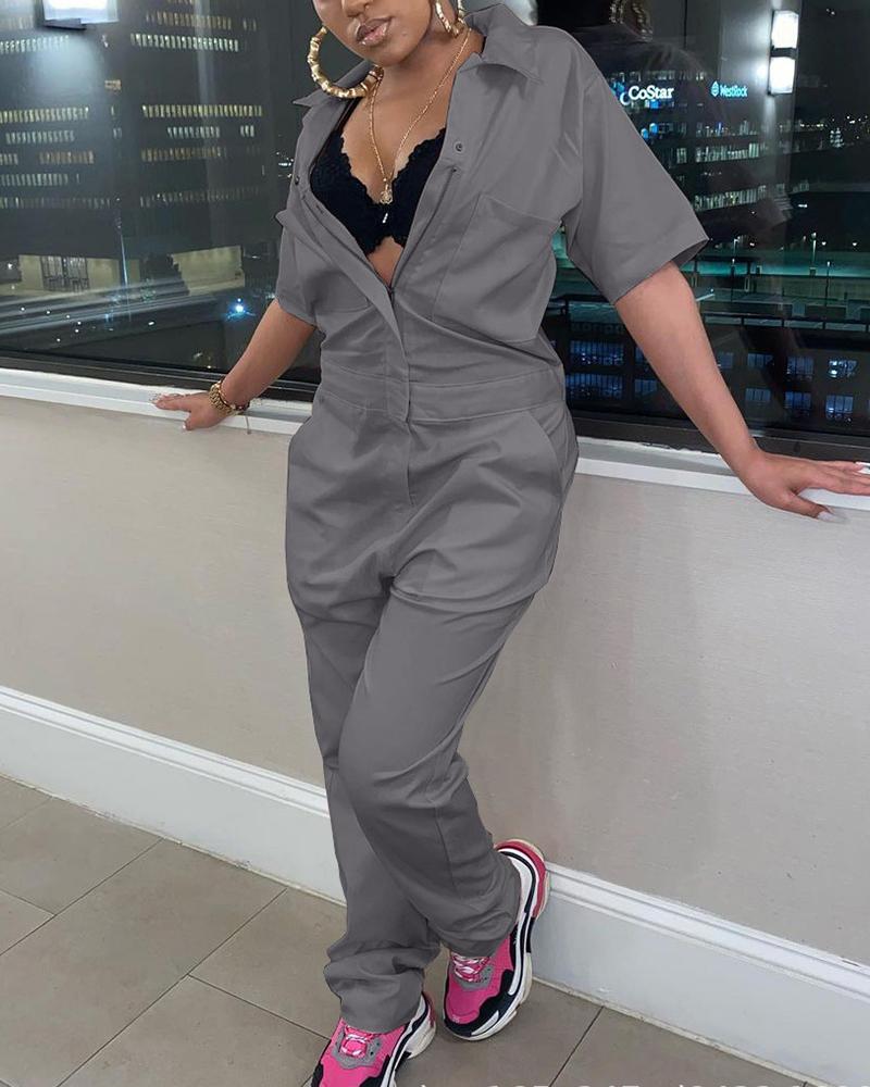 Solid Zip Up Pocket Detail Overall Casual Jumpsuit