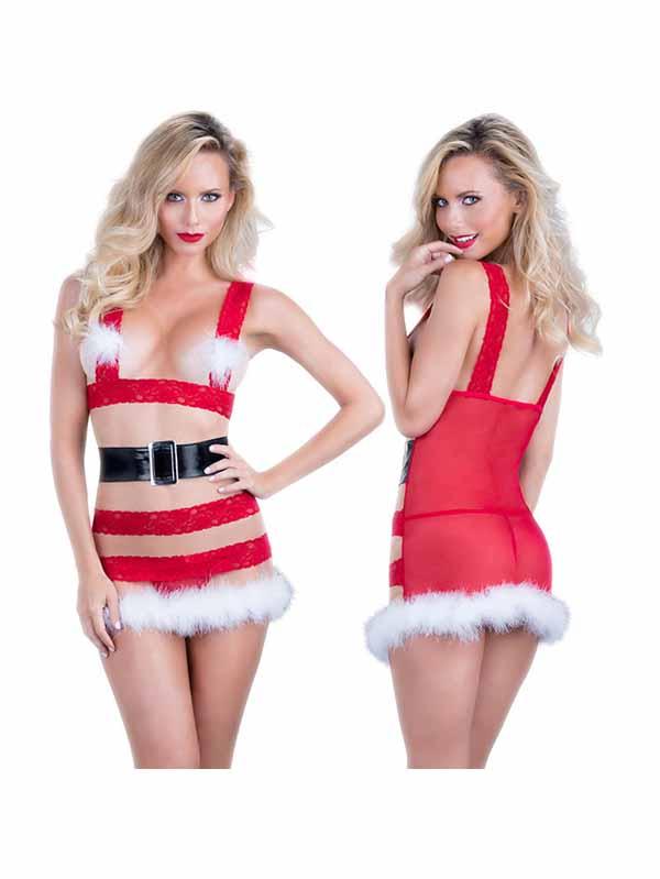 Christmas Lingerie Fur Trim Cut Out-Pinkami