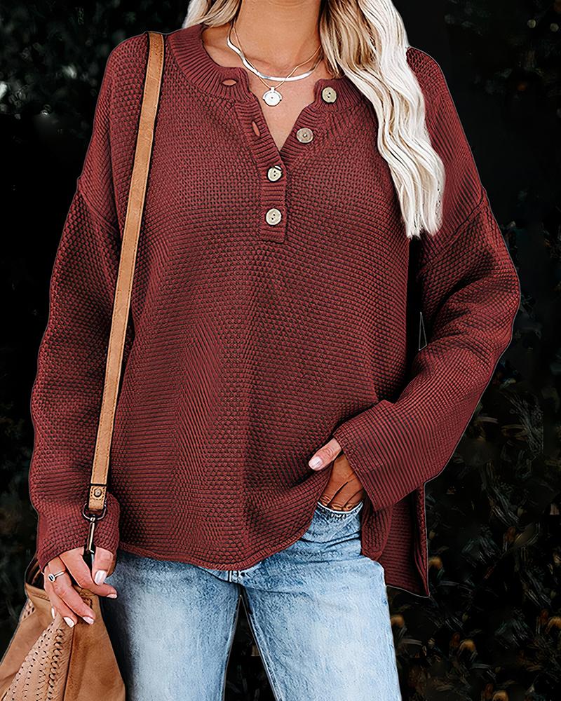 Solid Waffle Knit Topstitching Split Hem Button Detail Sweater-Pinkami