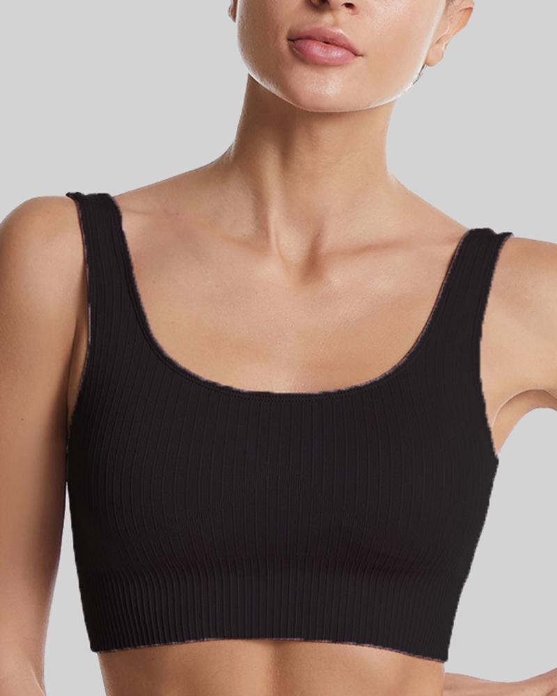 Rib-Knit Scoop Neck Cutout Back Sports Bra-Pinkami
