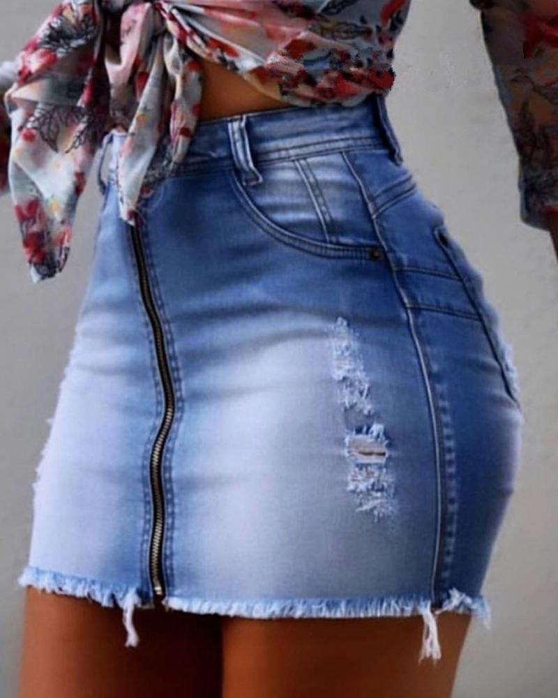 Women Zip Front Ripped Raw Hem Pocket Detail Mini Skirt-Pinkami