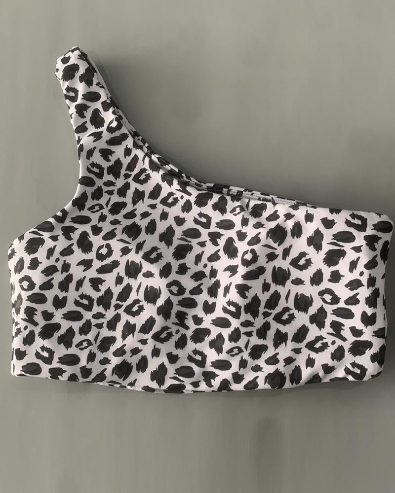 Leopard Print One Shoulder Sports Bra-Pinkami