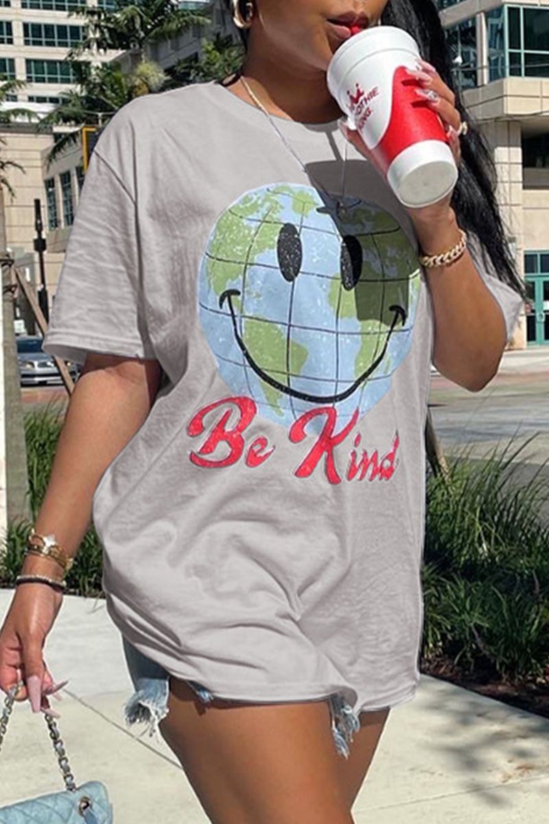 Smile Face & Letter Print Round Neck T-Shirt-Pinkami