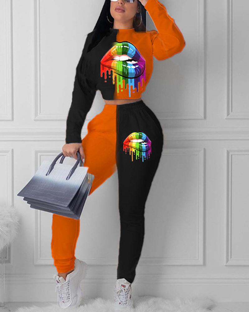 Two Tone Lips Print Long Sleeve Top & Pants Set-Pinkami