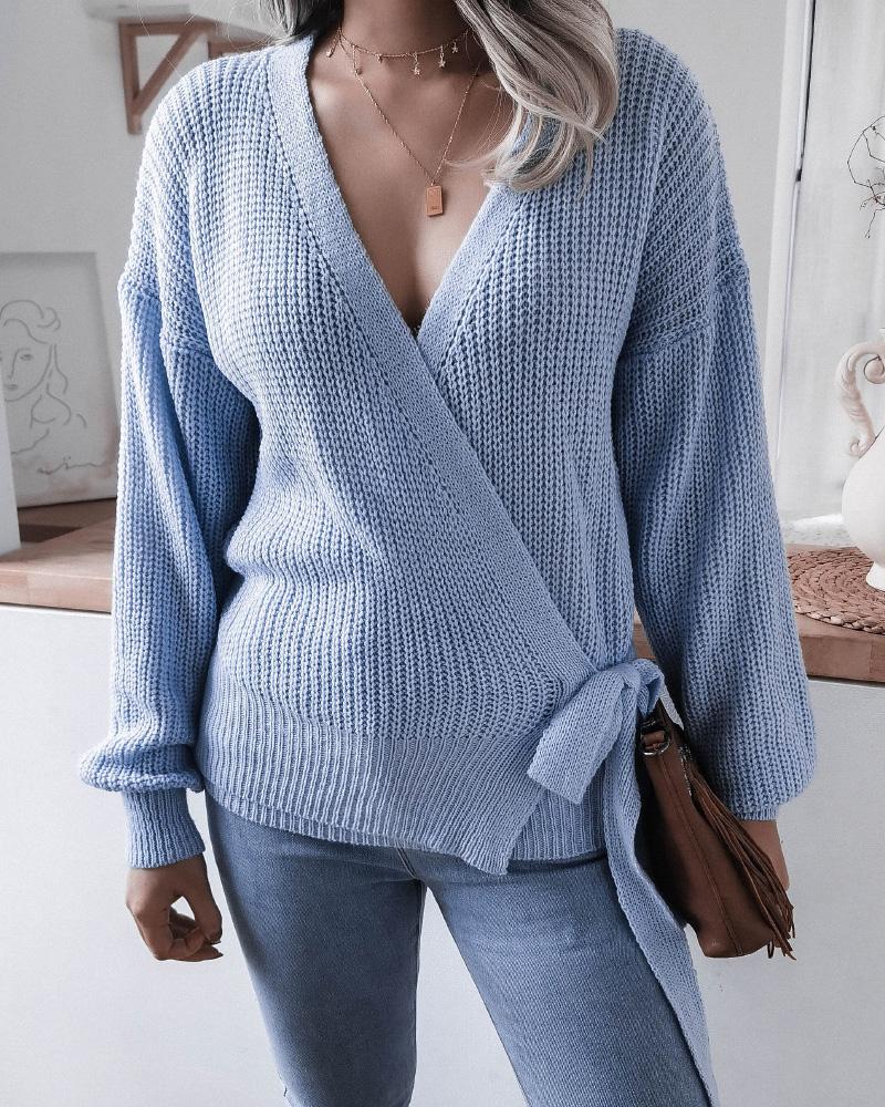 Solid Rib-Knit Surplice Tie Side Sweater-Pinkami