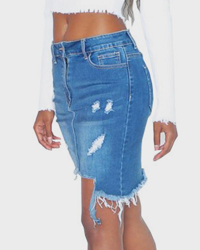 Women Ripped Raw Edge Asymmetrical Hem Denim Skirt-Pinkami