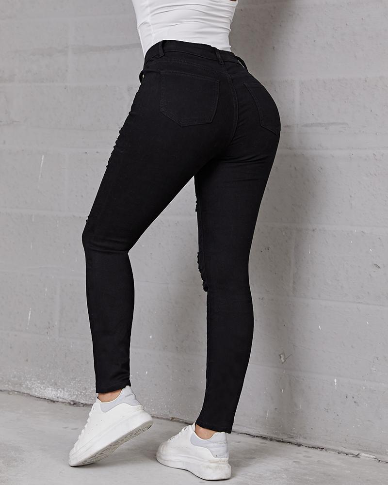 Women Hollow Out Distressed Skinny Jeans-Pinkami