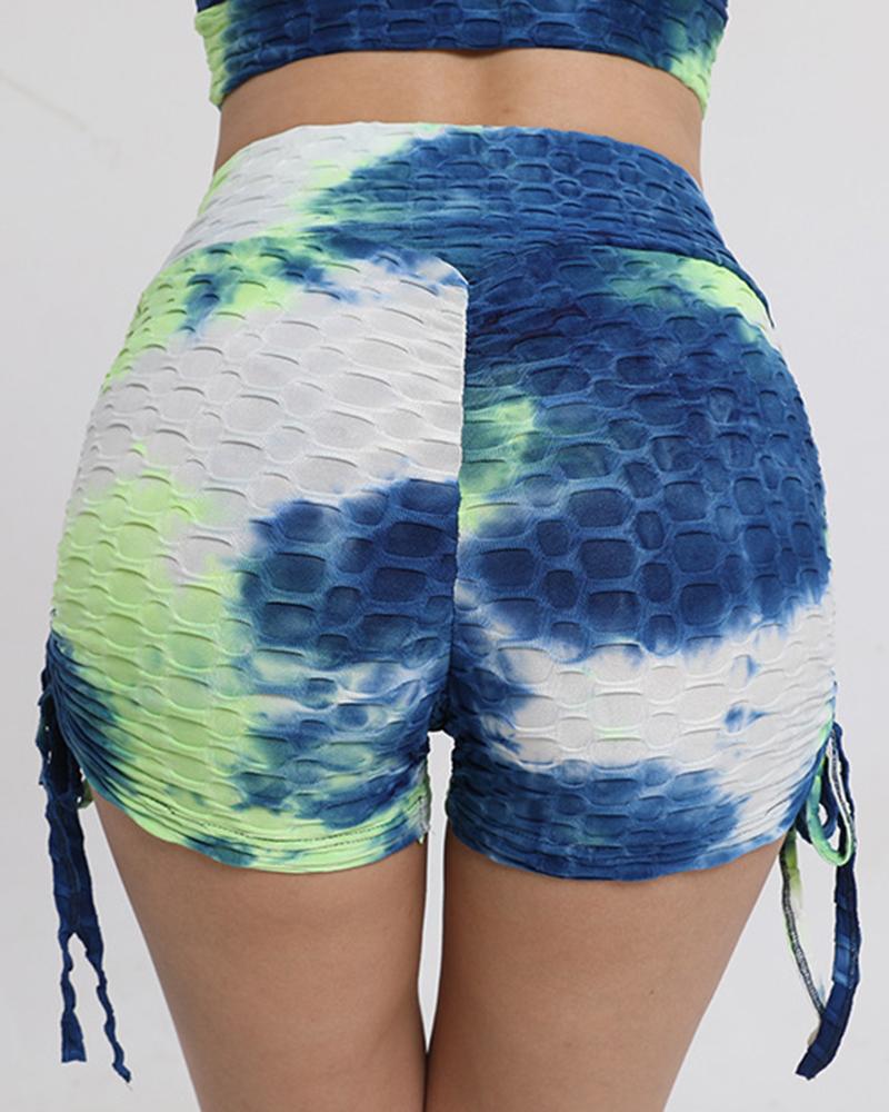 Tie Dye Textured Drawstring Side Butt Lifting High Waist Sports Shorts-Pinkami