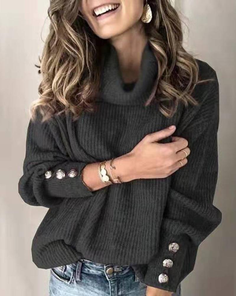 Solid Button Detail Ribbed High Neck Sweater-Pinkami