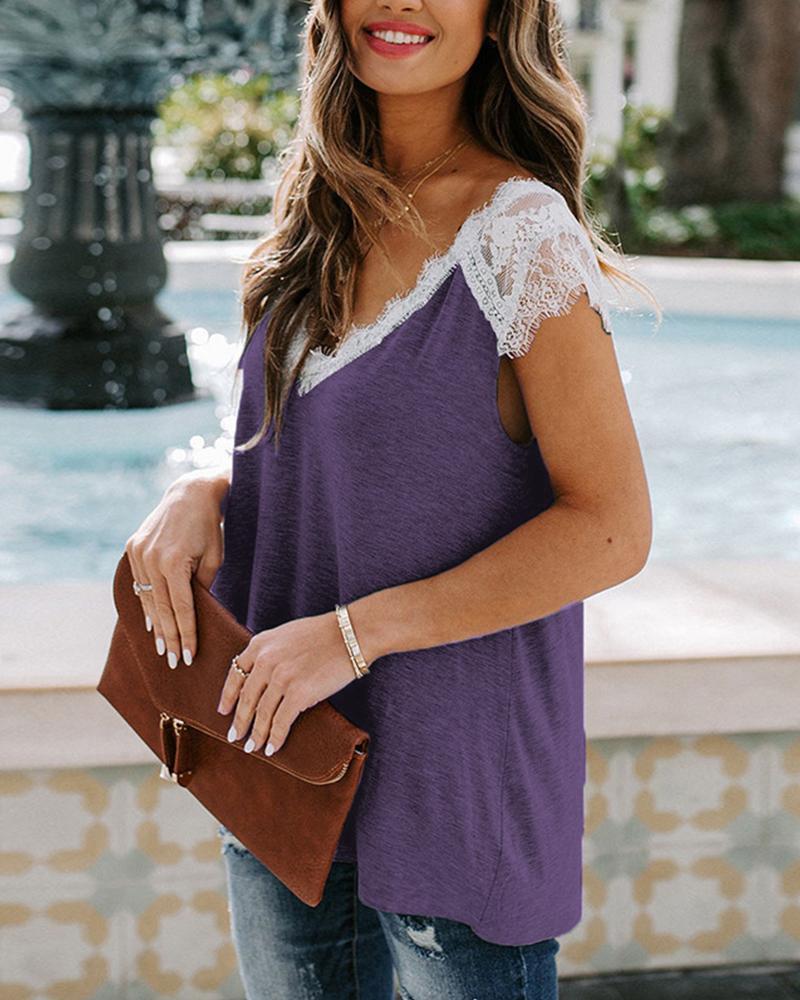 V-Neck Lace Trim Top-Pinkami