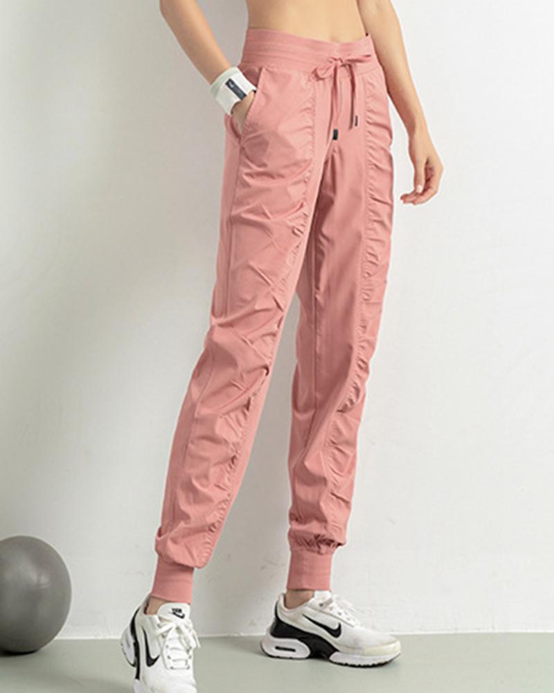 Quick Dry Drawstring Waist Ruched Front Sports Pants For Women-Pinkami