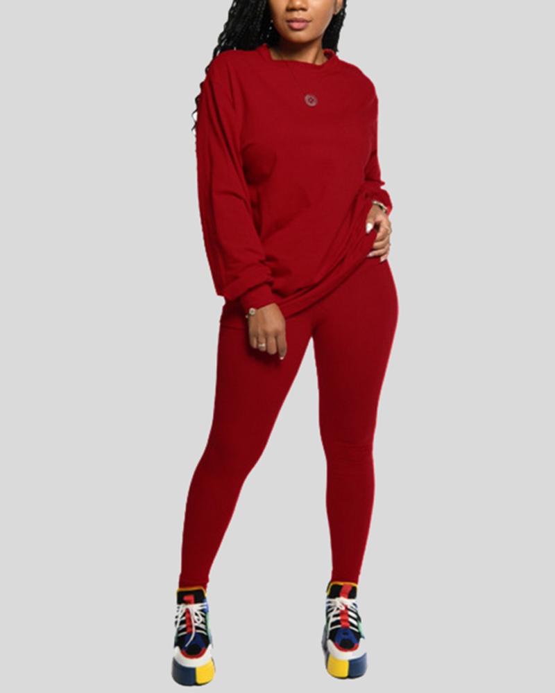 Solid Round Neck Tee & Pants Set-Pinkami