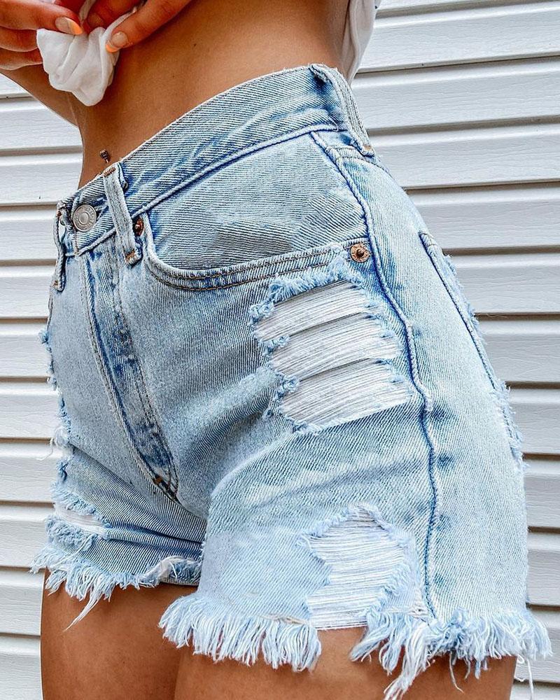 Women Ripped Sunflower & Letter Print Fringe Hem Denim Shorts-Pinkami