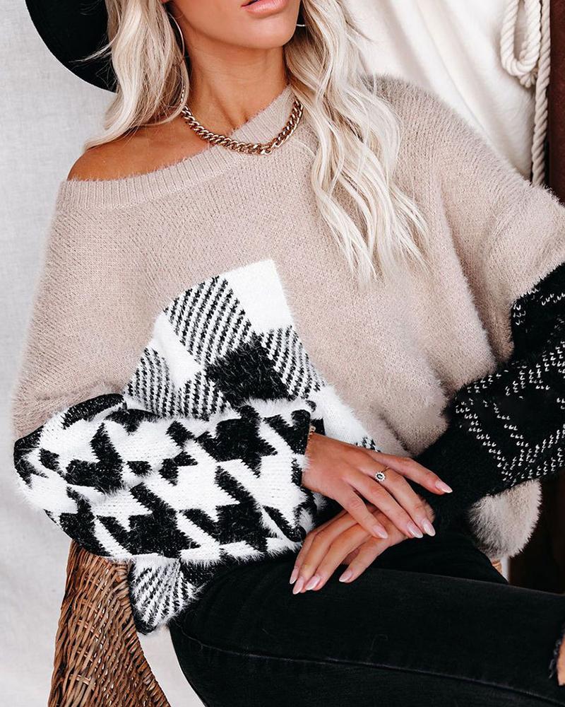 Colorblock Graphic Print Fuzzy Round Neck Sweater-Pinkami