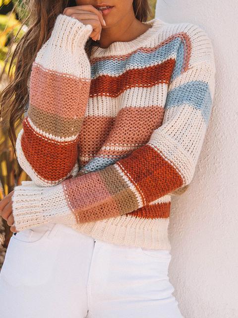 Color Block Cable-knit Round Neck Sweater-Pinkami