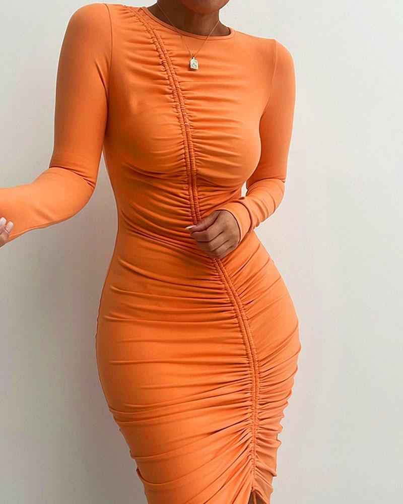 Solid Drawstring Ruched Long Sleeve Midi Dress