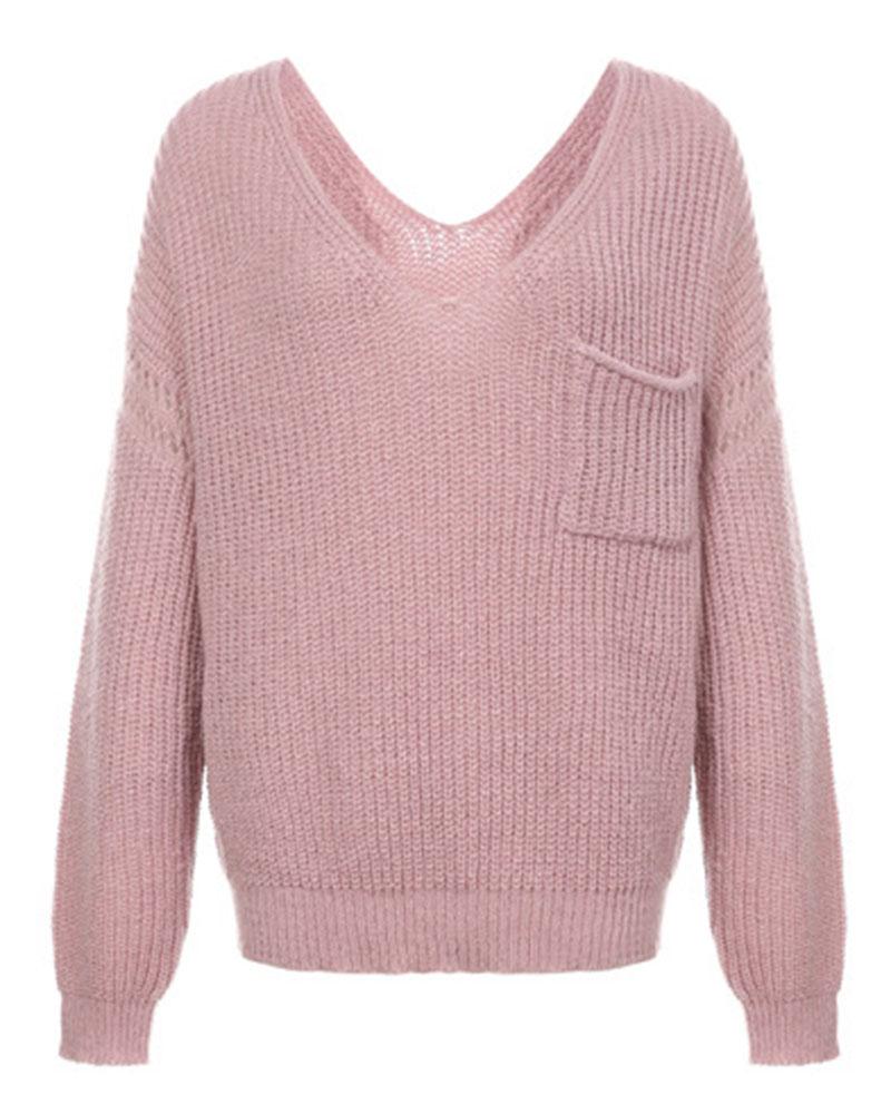 Chunky Knit Pocket Detail Drop Bishop Sleeve Sweater-Pinkami