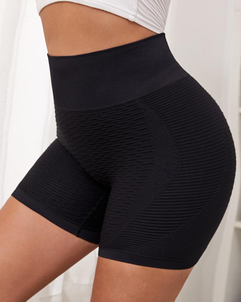 Solid Textured Wide Waistband High Waist Sports Shorts-Pinkami