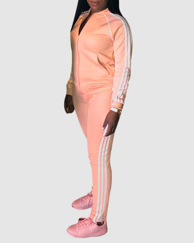 Striped Side Zip Up Pocket Detail Jacket & Pants Set-Pinkami
