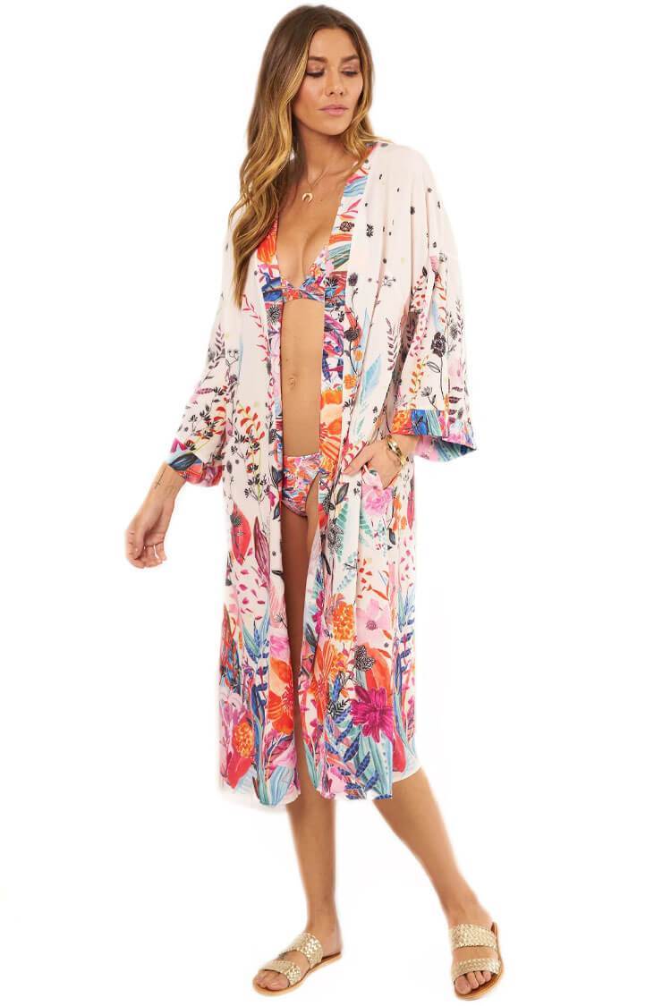 Cheerful Floral Print Half Sleeve Midi Cover Up-Pinkami