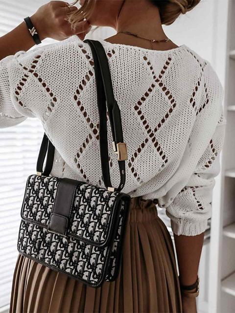 V-neck Rhombus Hollow out Knit Sweater-Pinkami
