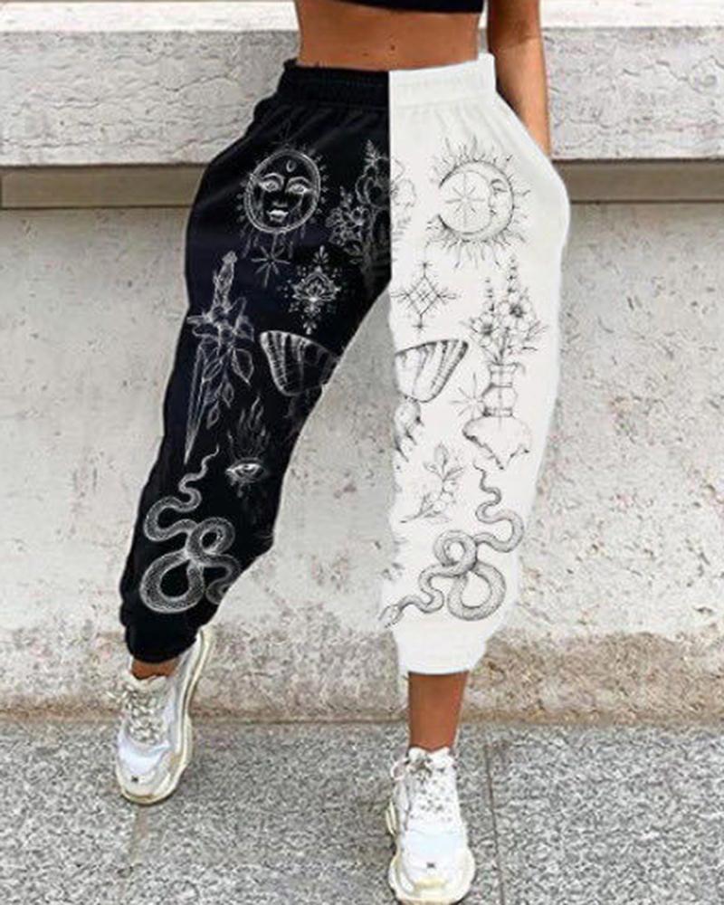 Colorblock & Graphic Print Slant Pocket Sports Pants For Women-Pinkami
