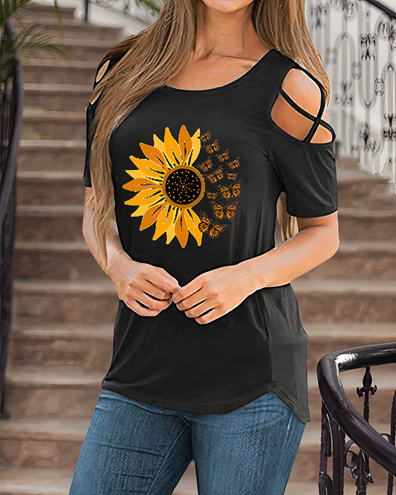 Sunflower Print Cut Out T-Shirt-Pinkami