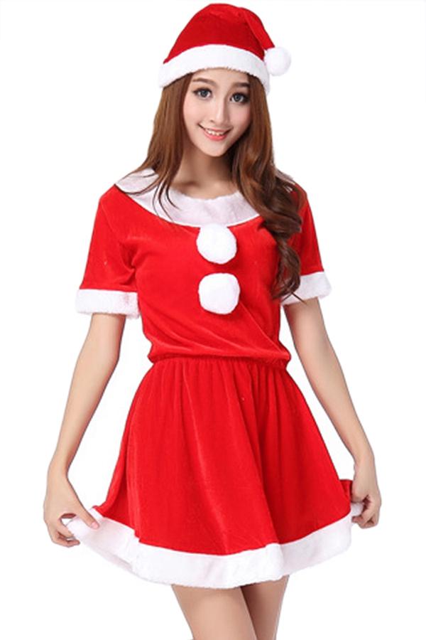 Women Cute Red Short Sleeve Pleuche Santa Costume-Pinkami