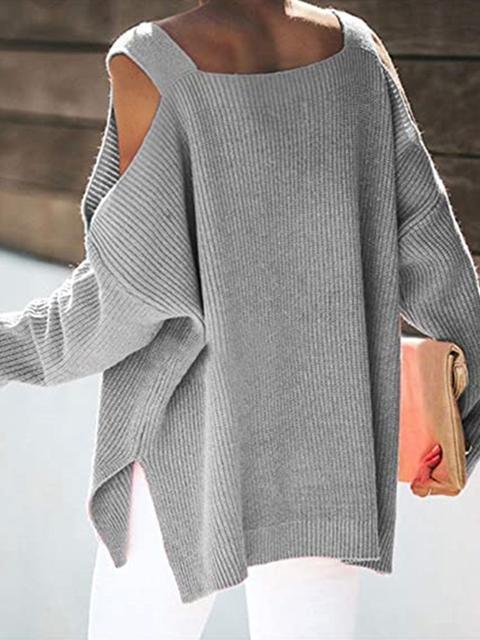 Solid Color Cold shoulder Knit Sweater-Pinkami