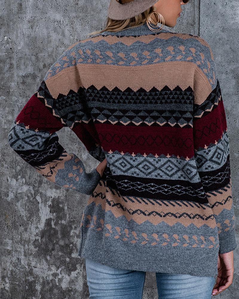 Vintage Stripe Drop Shoulder Round Neck Sweater-Pinkami
