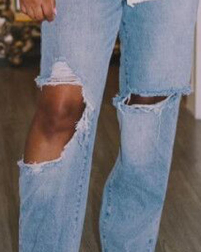 Women Ripped Hollow Out Mid Waist Wide Leg Jeans-Pinkami