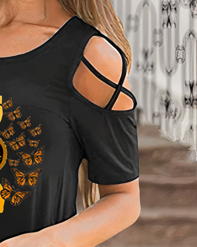 Sunflower Print Cut Out T-Shirt-Pinkami