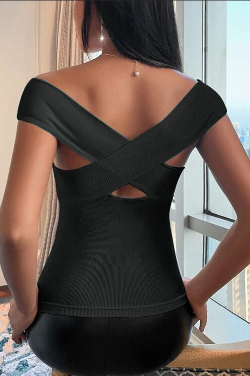 Solid Ribbed Criss Cross Off Shoulder T-Shirt-Pinkami