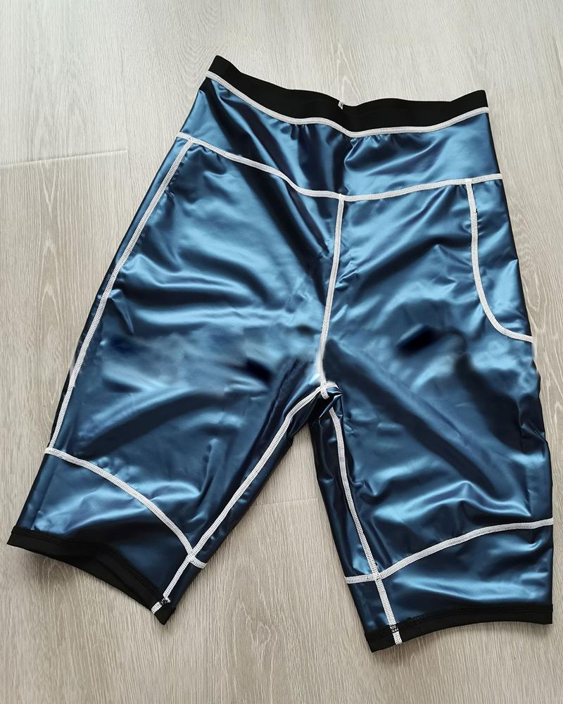 Contrast Binding Wide Waist Band Pocket Side Butt Lifting Sports Shorts-Pinkami