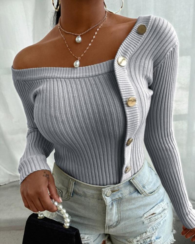 Rib-Knit Button Front Off Shoulder Sweater-Pinkami