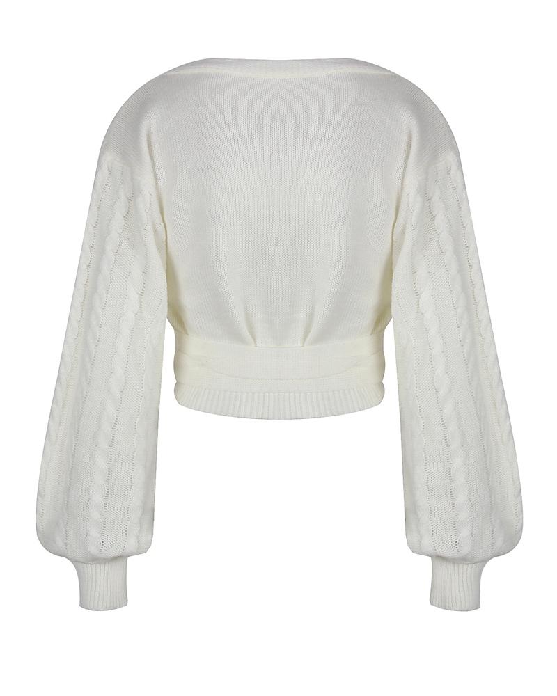 Cable Knit Overlap Self-Tie Sweater-Pinkami